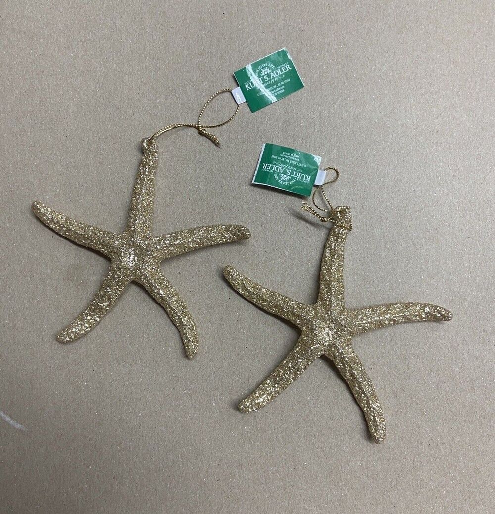 2 Gold Colored Sea Star Christmas Ornaments 5 inches high NWT Beach Coastal